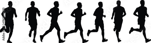 Running man silhouettes sequence, sprint motion stages, athlete fitness training, dynamic sport movement, active lifestyle, black isolated figures illustration design