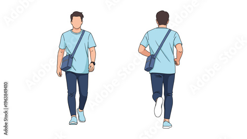 Young man walking toward and away from the camera wearing a light blue t-shirt and carrying a stylish navy blue crossbody bag.