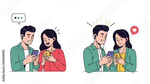 Two young people using smartphones to share music and communicate through social media apps together.