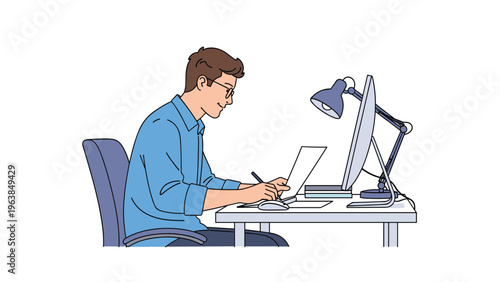 Professional man wearing glasses working diligently at his desk with a computer monitor and a desk lamp in a minimalist office.