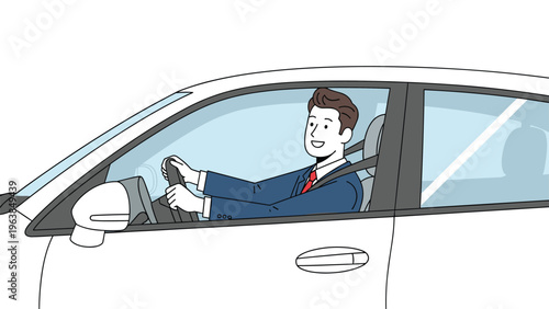 Happy businessman in a formal suit and red tie driving his white car with a bright smile while wearing his safety seatbelt.