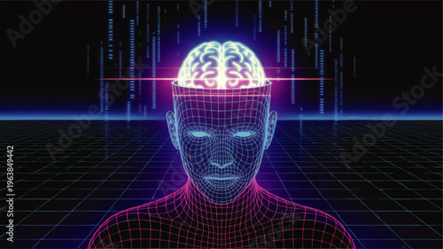 Futuristic digital brain interface on neon grid, cyberpunk artificial intelligence, glowing human head in virtual reality data space