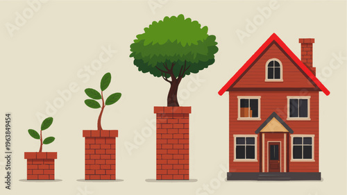 Real estate investment growth concept with plant stages transforming into brick house, financial success and property value increase illustration