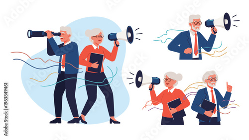 Group of active senior citizens using telescopes and megaphones to communicate and search for something in a flat vector style.