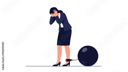 Stressed businesswoman in a formal suit looking down in despair with a heavy metal ball and chain attached to her ankle.