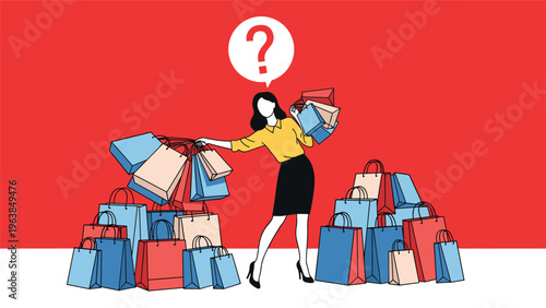 Confused woman standing between large piles of shopping bags with a question mark above her head after a big shopping spree.