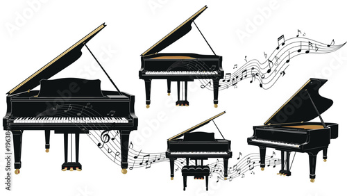 Elegant black grand pianos depicted from multiple angles with beautiful white musical notes flowing out from the open lids.