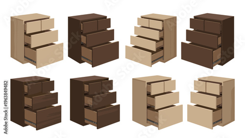 Variety of wooden office cabinets with drawers in different wood finishes and states of being open or closed for storage.