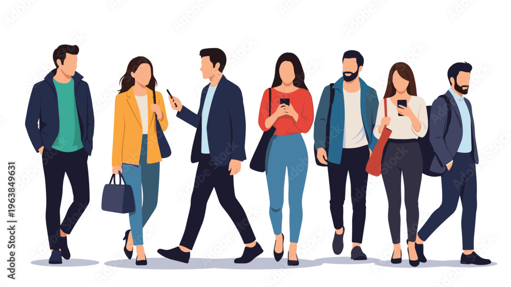 Obraz premium Group of diverse urban people walking forward in stylish outfits representing a busy city crowd or commuters heading to work in a flat style.