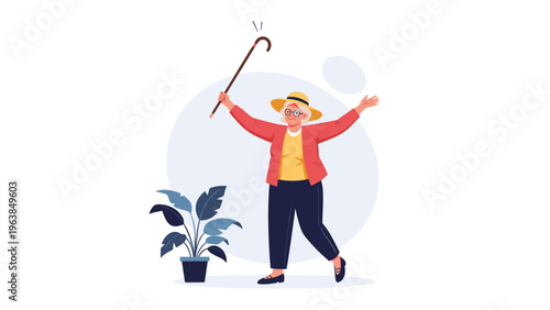 Energetic elderly woman wearing a hat and glasses raising her walking cane in celebration and joy representing a happy and active retirement life.