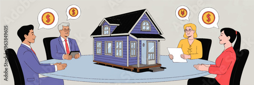 Business team discussing real estate investment around table with miniature blue house model and global finance symbols illustration