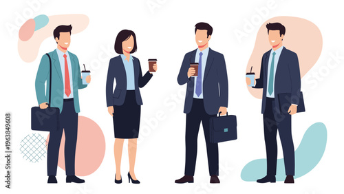 Group of professional business colleagues standing together and conversing during a coffee break in a modern corporate office setting.