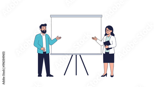 Professional presenters standing on both sides of a blank white projection screen ready to deliver a business seminar or educational lecture.