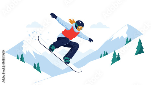Skilled snowboarder performing a jump in the air against a scenic background of snowy mountains and pine trees during a bright winter day.
