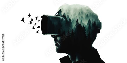 Surreal double exposure man with VR headset exploring digital forest, birds in flight, nature technology fusion on transparent background