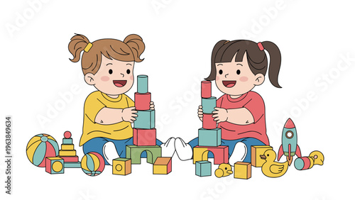 Two happy toddlers sitting on the floor and building towers with colorful blocks while surrounded by various childhood toys and games at home.
