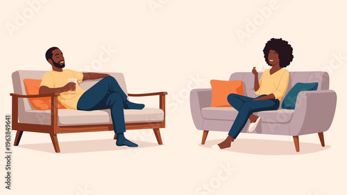Diverse man and woman relaxing on comfortable sofas while enjoying drinks and engaging in a friendly conversation in a living room setting.