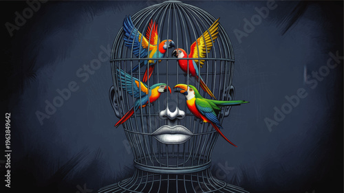 Surreal human head birdcage with colorful parrots, creative freedom of mind concept illustration on dark blue artistic background