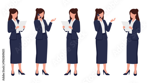 Businesswoman in a formal navy blue suit shown in various professional poses while using a smartphone and holding documents.