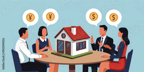 Business team discussing real estate investment and property purchase strategy with model house and currency icons on blue background