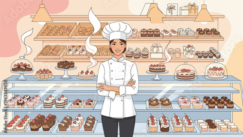 Proud female bakery chef standing with arms crossed in front of a display case filled with a delicious variety of cakes cupcakes and pastries.