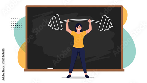Strong young woman in casual gym clothes lifting a heavy metal barbell above her head in front of a dark chalkboard background.