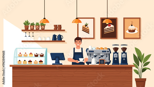 Friendly male barista standing behind a wooden cafe counter with an espresso machine, coffee grinders, and sweet desserts.
