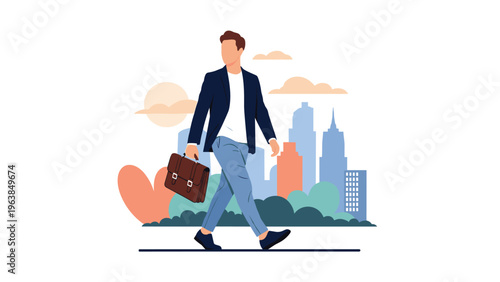 Professional man in a navy blazer walking with a brown briefcase in front of a stylized city skyline during the sunset hours.