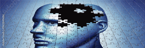 Human head as blue jigsaw puzzle with missing brain piece, concept of mental health, memory loss, psychology and cognitive problem