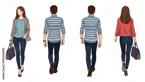 Set of diverse people walking in different directions shown from both front and back views in a stylish flat illustration.