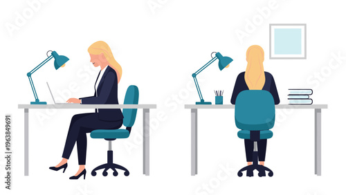 Profile and back view of a professional blonde woman in a dark suit working at a desk with a laptop and a modern desk lamp.