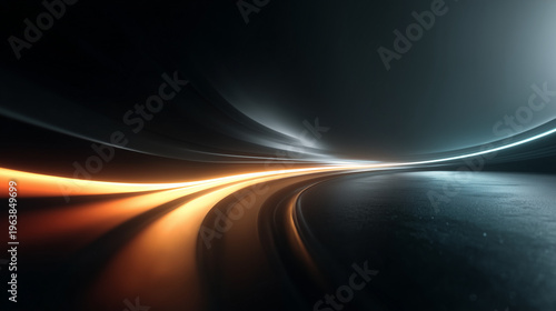 近未来的な光の軌跡と曲線が流れるダークトーンの抽象背景