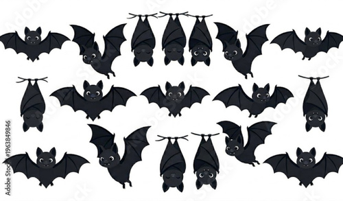Flat bat vector set in grid layout with black Halloween bats flying hanging and sleeping isolated on white