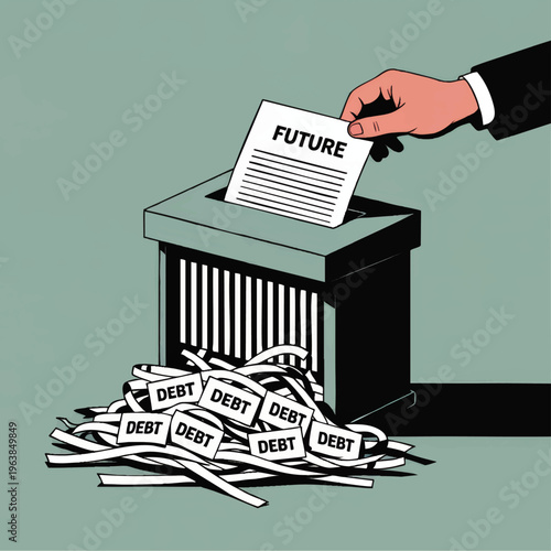 Businessman shredding future document with debt strips, financial crisis risk, ruined savings, economic bankruptcy concept illustration