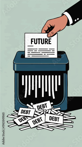 Hand shredding future document into pile of debt strips, financial crisis risk concept, loss of opportunity illustration