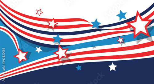 Patriotic themed abstract design with flowing ribbons and stars