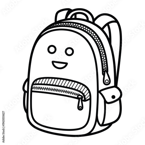 Cute backpack coloring page vector illustration, smiling school bag outline for kids and adults coloring books, printable activity sheets, and educational creative design