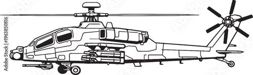 Urban Combat Helicopter Military Gunship Close Environment Aircraft Side View Vector Line Art Illustration