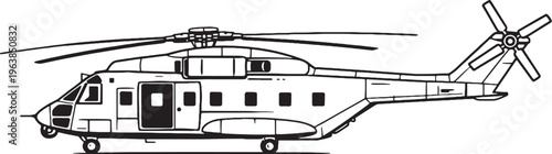 Troop Transport Helicopter Line Art Vector Illustration Side View