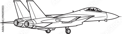 Twin engine fighter jet vector line art side view military aircraft illustration isolated