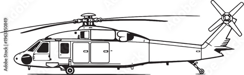 Quadro em tela Supply Transport Helicopter Line Art Vector Illustration Side View