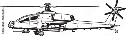 Tactical Attack Helicopter Military Gunship Modular Weapon System Side View Vector Line Art Illustration