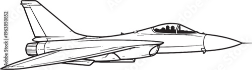 Swept wing fighter jet vector line art side view angled wing military aircraft illustration isolated