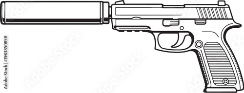 Suppressed handgun black and white vector line art side view pistol with silencer clean outline isolated