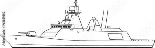 Stealth Frigate Warship Naval Vessel Military Ship Line Art Vector Illustration Side View