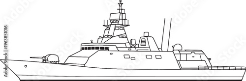 Modern Combat Ship Warship Naval Vessel Line Art Vector Illustration Side View