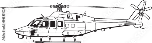 Military Trainer Helicopter Line Art Vector Illustration Dual Cockpit Aircraft Side View