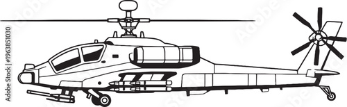 Missile Armed Helicopter Military Gunship Guided Weapon Aircraft Side View Vector Line Art Illustration