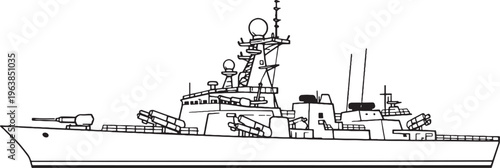 Missile Cruiser Warship Naval Vessel Military Ship Line Art Vector Illustration Side View