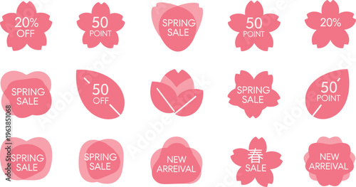A collection of pink floral and leaf shaped sale banners advertising spring discounts and points